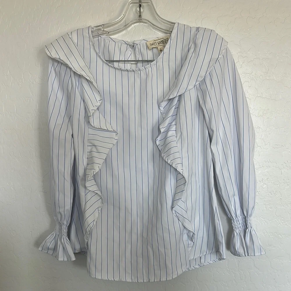 NWT sweet wanderer blouse white blue pin stripe puff preppy Large ruffle indie - Picture 2 of 7